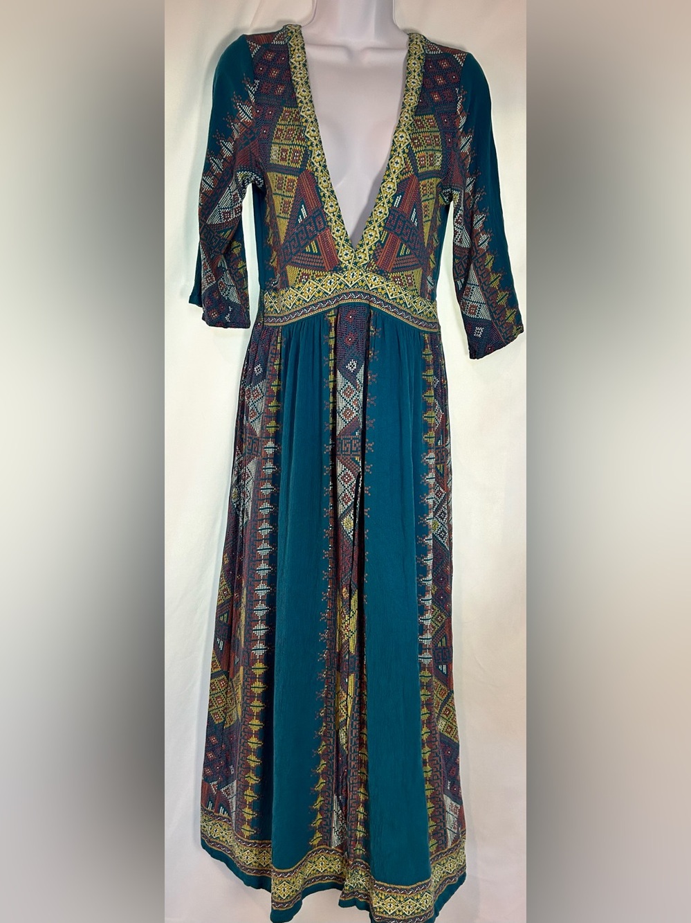 Earthbound Trading Co Boho Teal Geometric Maxi Dress Size Large